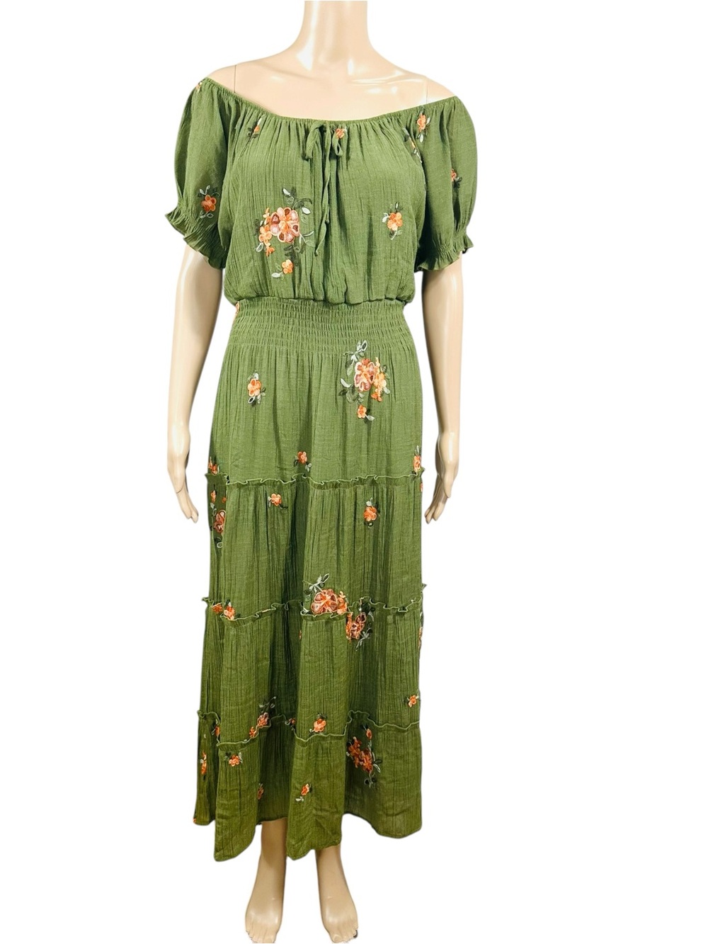 Anthropologie Kindred Boho On or Off-Shoulder Olive Green Embroidered Dress Sz2X